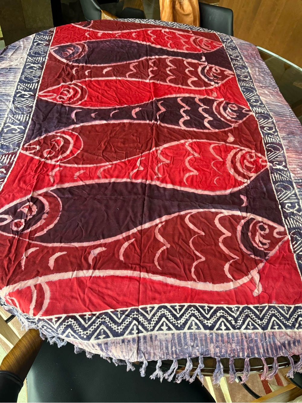 Boho, hippie Pisces Red multicolor Patterned Fringe Scarf to decorate, 45x64